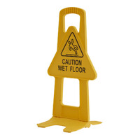 Se&ntilde;al plegable de seguridad de una sola placa, con mensaje de &ldquo;wet floor&rdquo;.